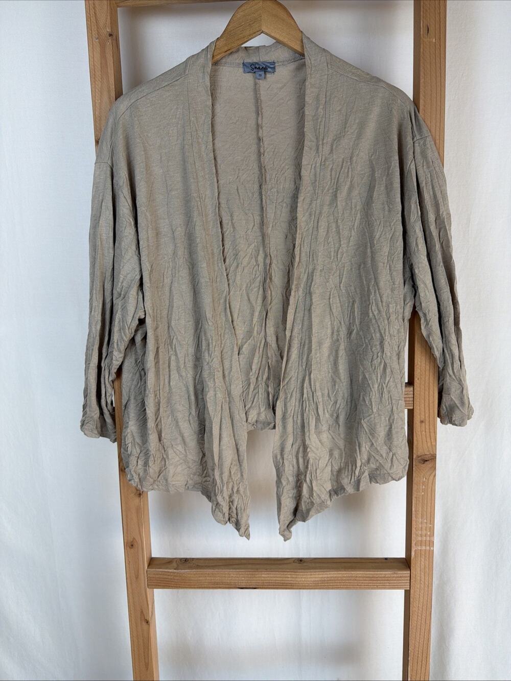 NWT Shana Beige 3/4 Sleeve Tied Hem Crinkle Open Cropped Cardigan #0922 Size 2X